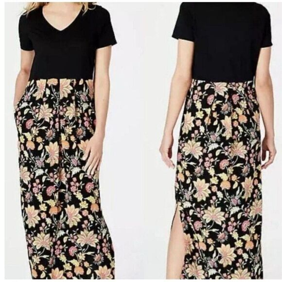 J Jill Dress Womens Medium Black Floral Maxi Capsule Cottage Coastal Casual - Picture 1 of 7
